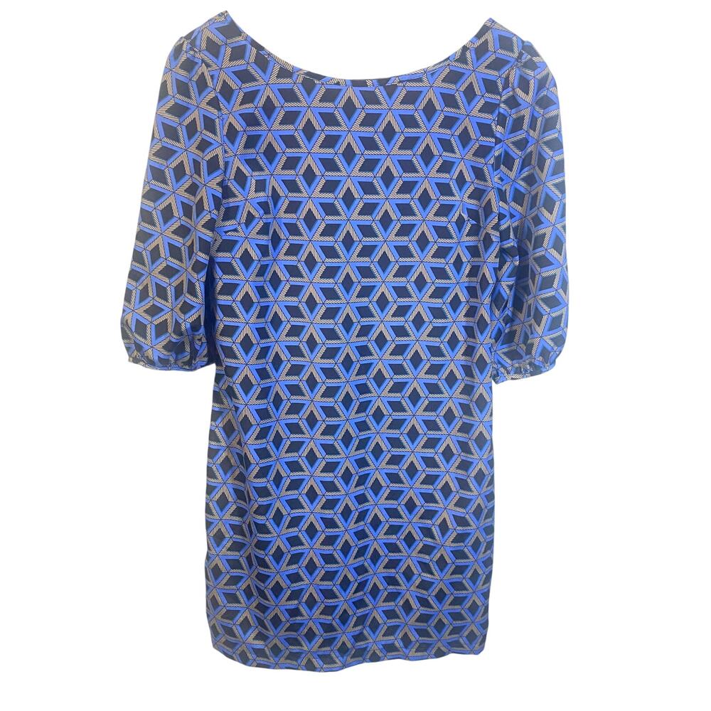 Fab'rik Blue Geometric Pattern Casual Dress Lightweight 3/4 Sleeve Low Back Sz M
